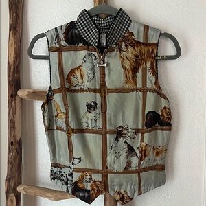 Tapp Silk & Wool Dog Print Vest Houndstooth Accents Bone Zip Pull Small OOAK